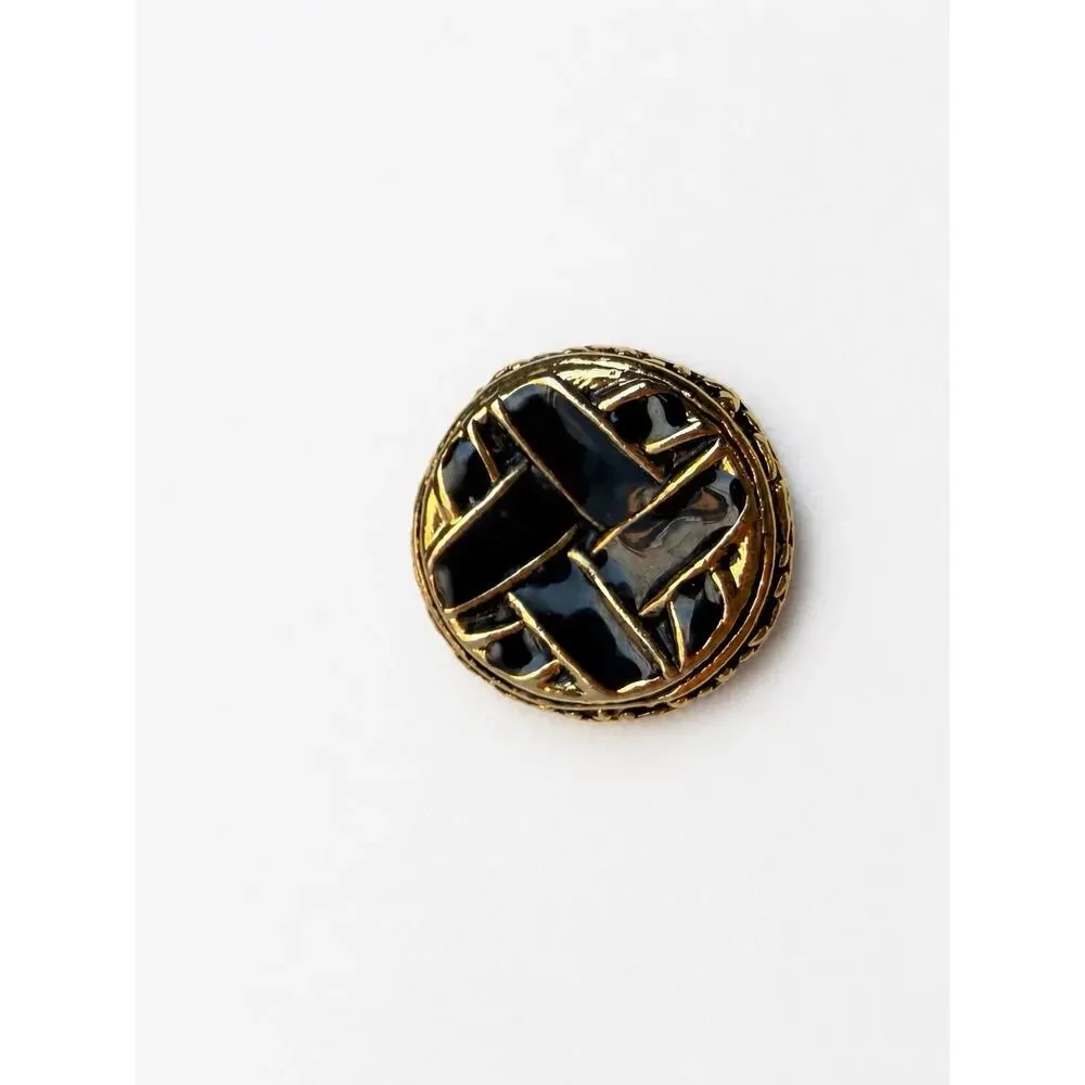 Gold Tone Black Enamel Basketweave Round Stud Earrings Vintage